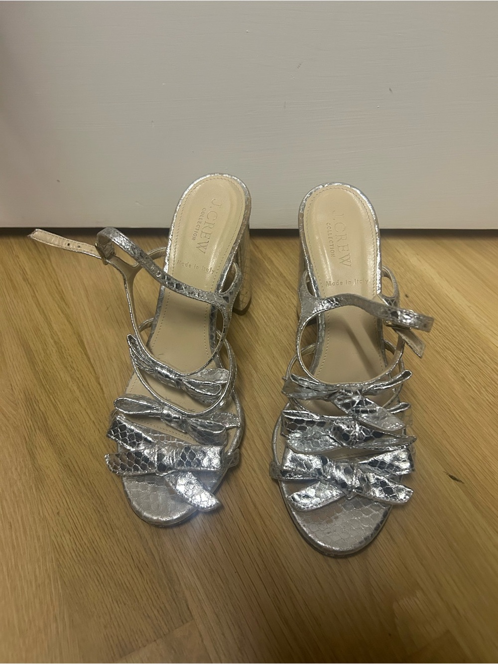 J. Crew Collection Silver Snake-Embossed Strappy Heels